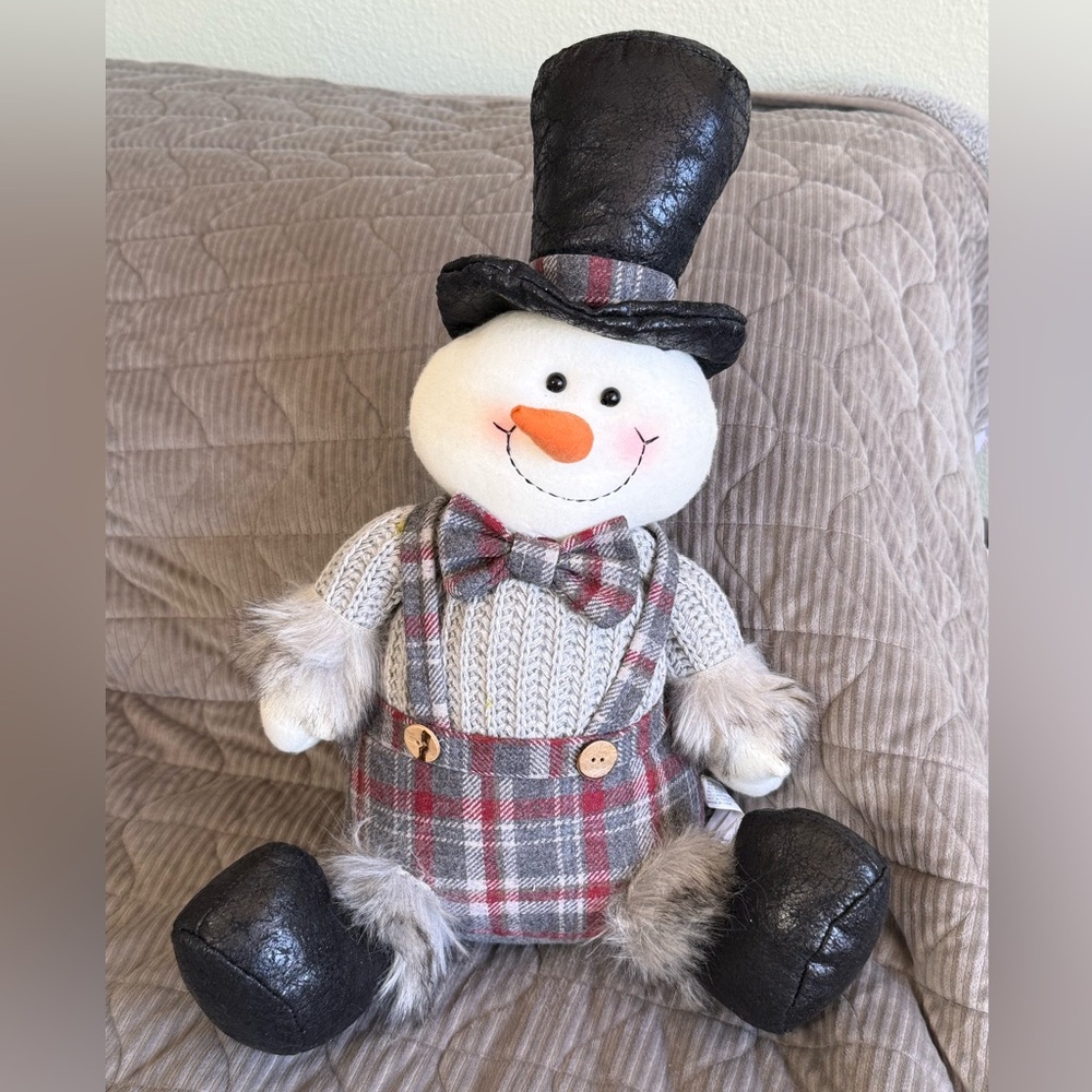 Plaid Snowman Plush Decor with Black Top Hat